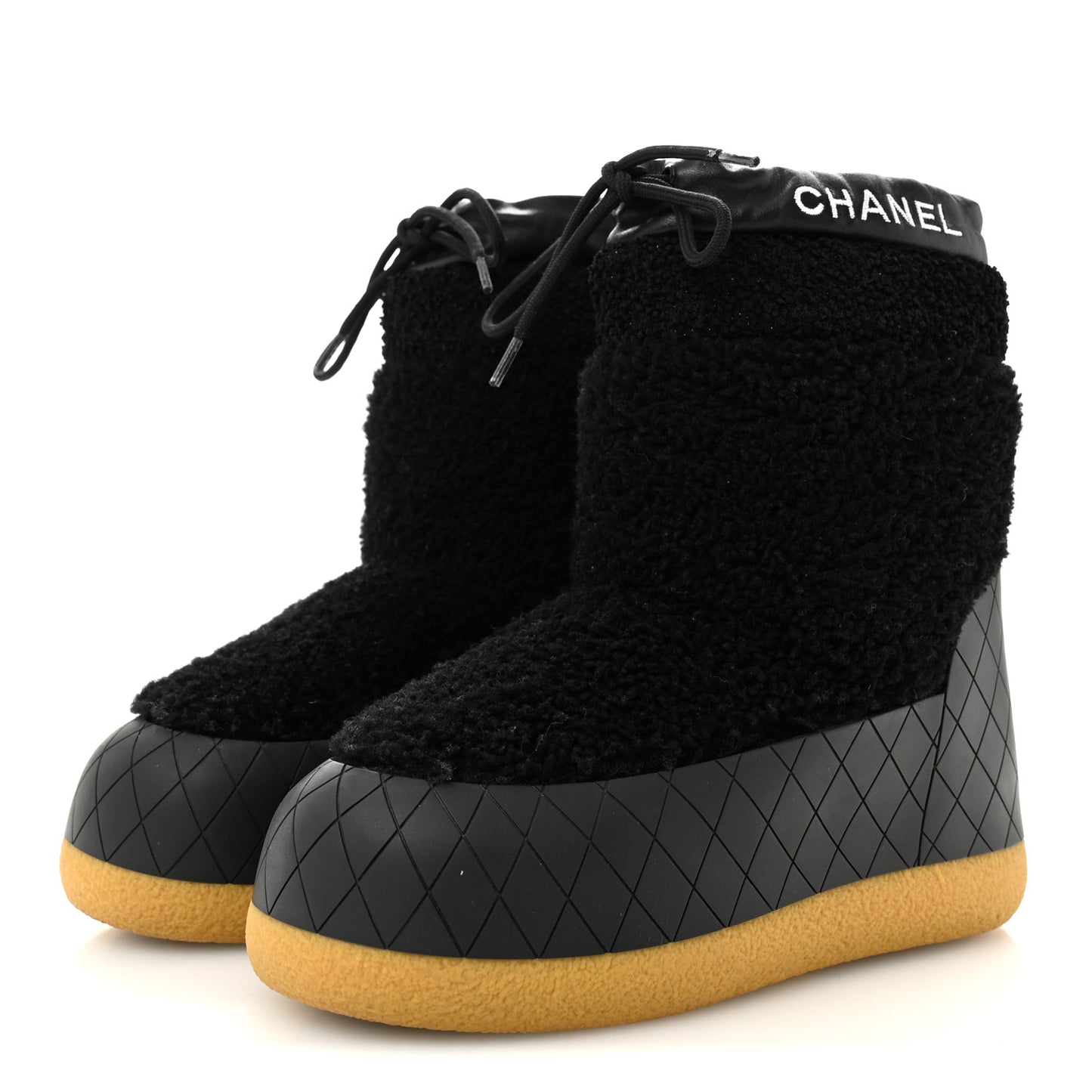 Tweed Shearling Sheepskin Drawstring Snow Ankle Boots 36 Black