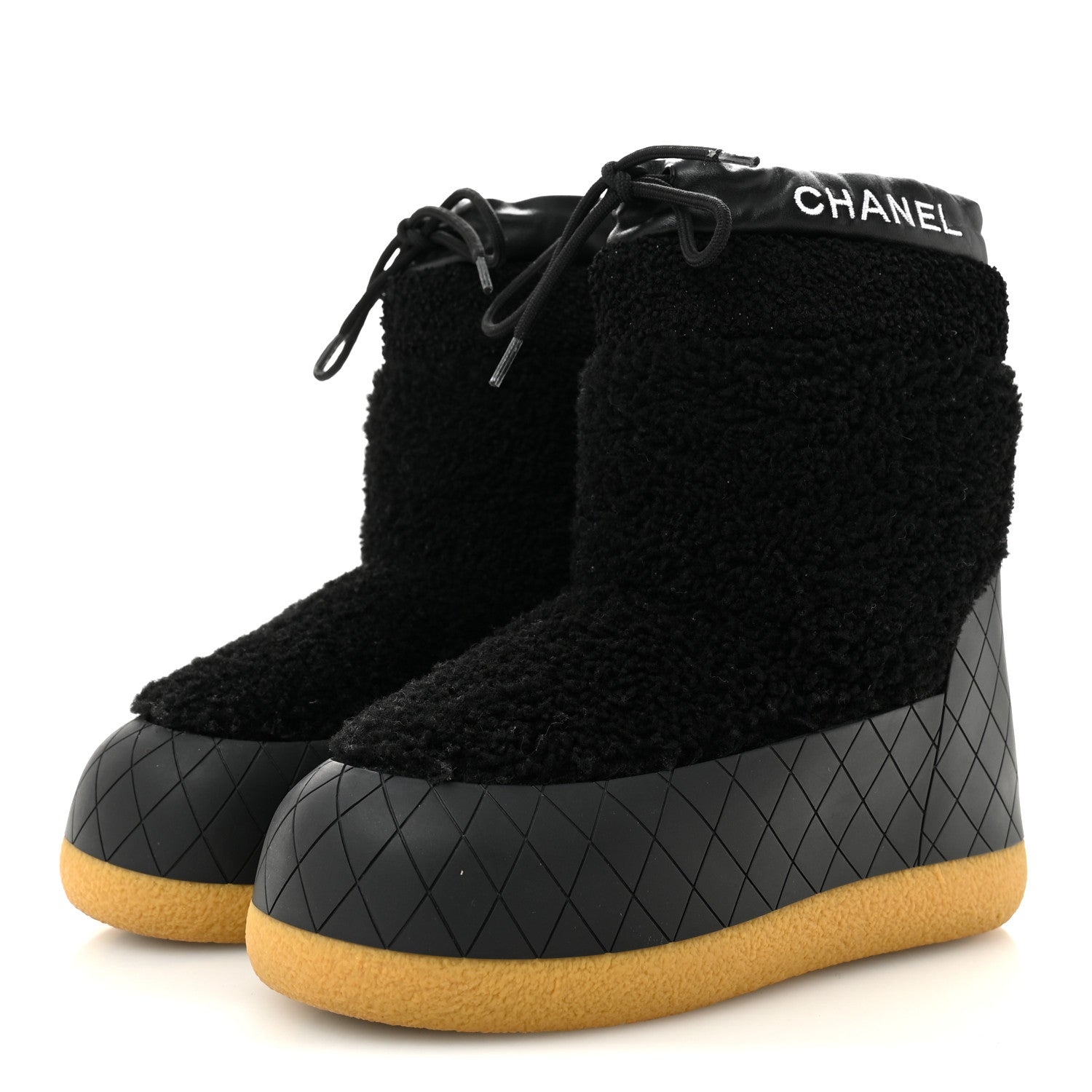 Chanel Tweed Shearling Sheepskin Drawstring Snow Ankle Boots 36 Black 4 of 10