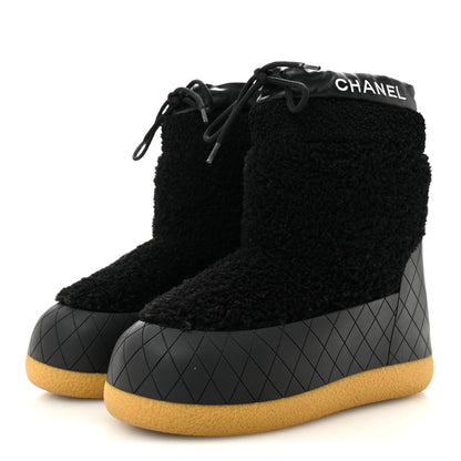 Chanel Tweed Shearling Sheepskin Drawstring Snow Ankle Boots 36 Black 4 of 10