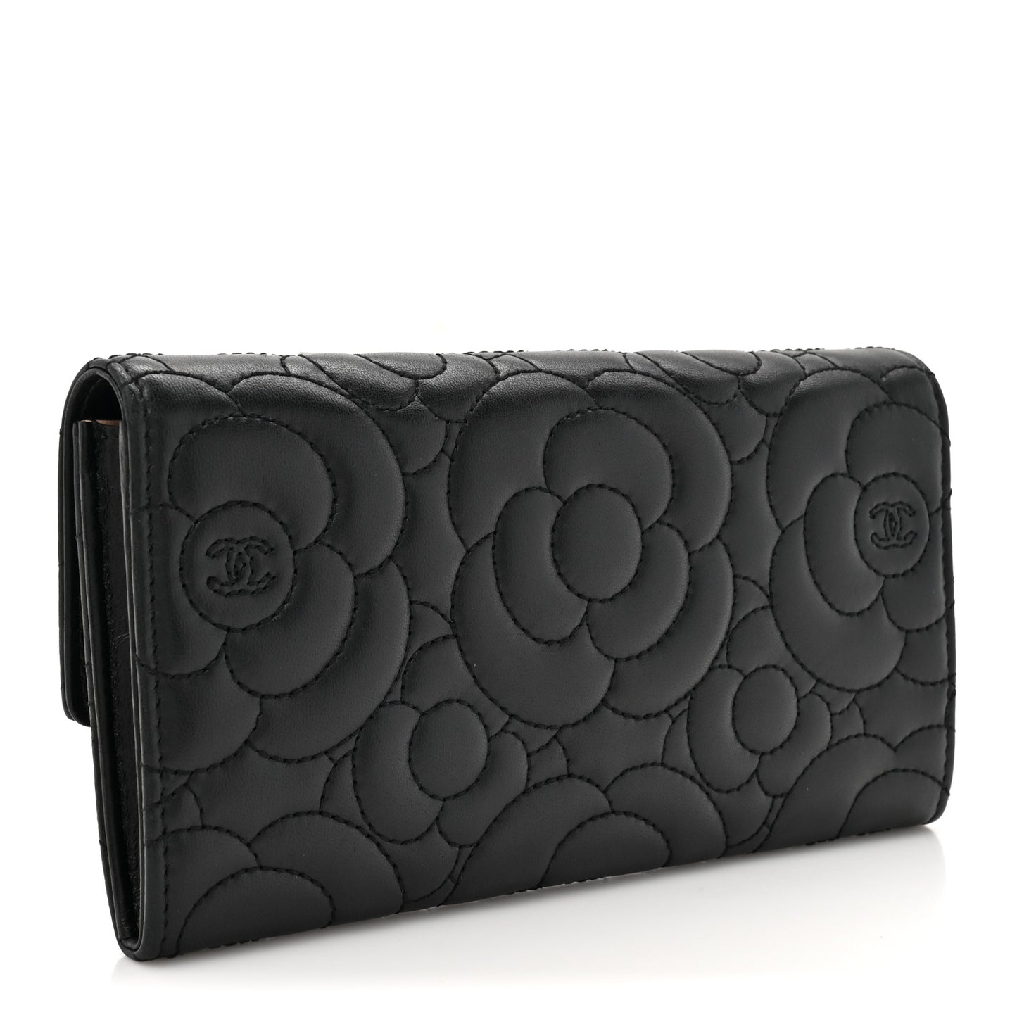 Lambskin Embossed Camellia Flap Wallet Black