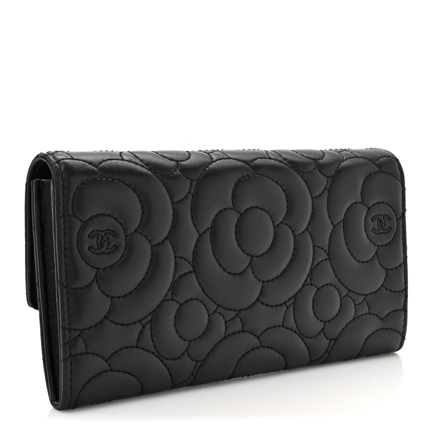 Chanel Lambskin Embossed Camellia Flap Wallet Black 3 of 12