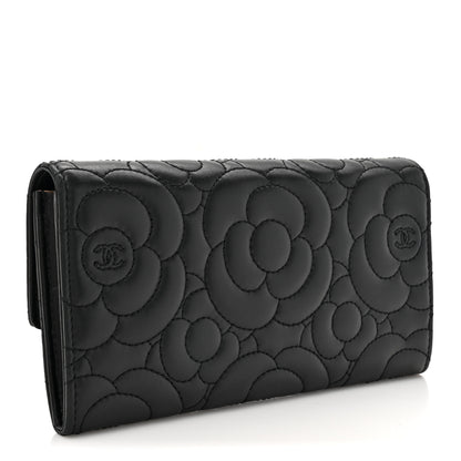 Chanel Lambskin Embossed Camellia Flap Wallet Black 3 of 12