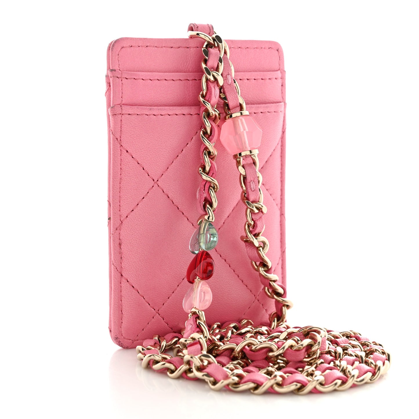 Lambskin Quilted Enamel Chanel Card Holder On Chain Pink