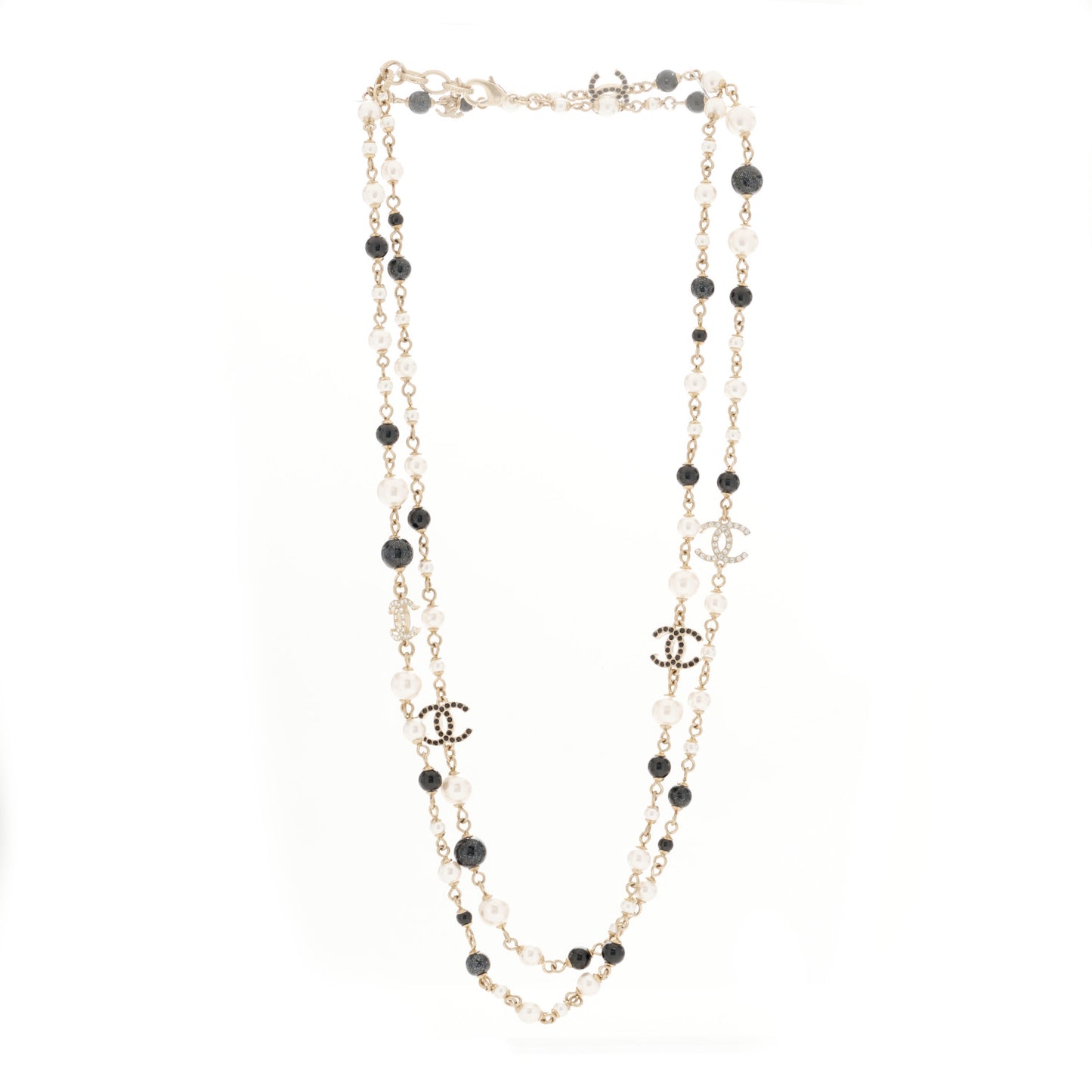 Pearl Bead Crystal CC Long Necklace Black Gold