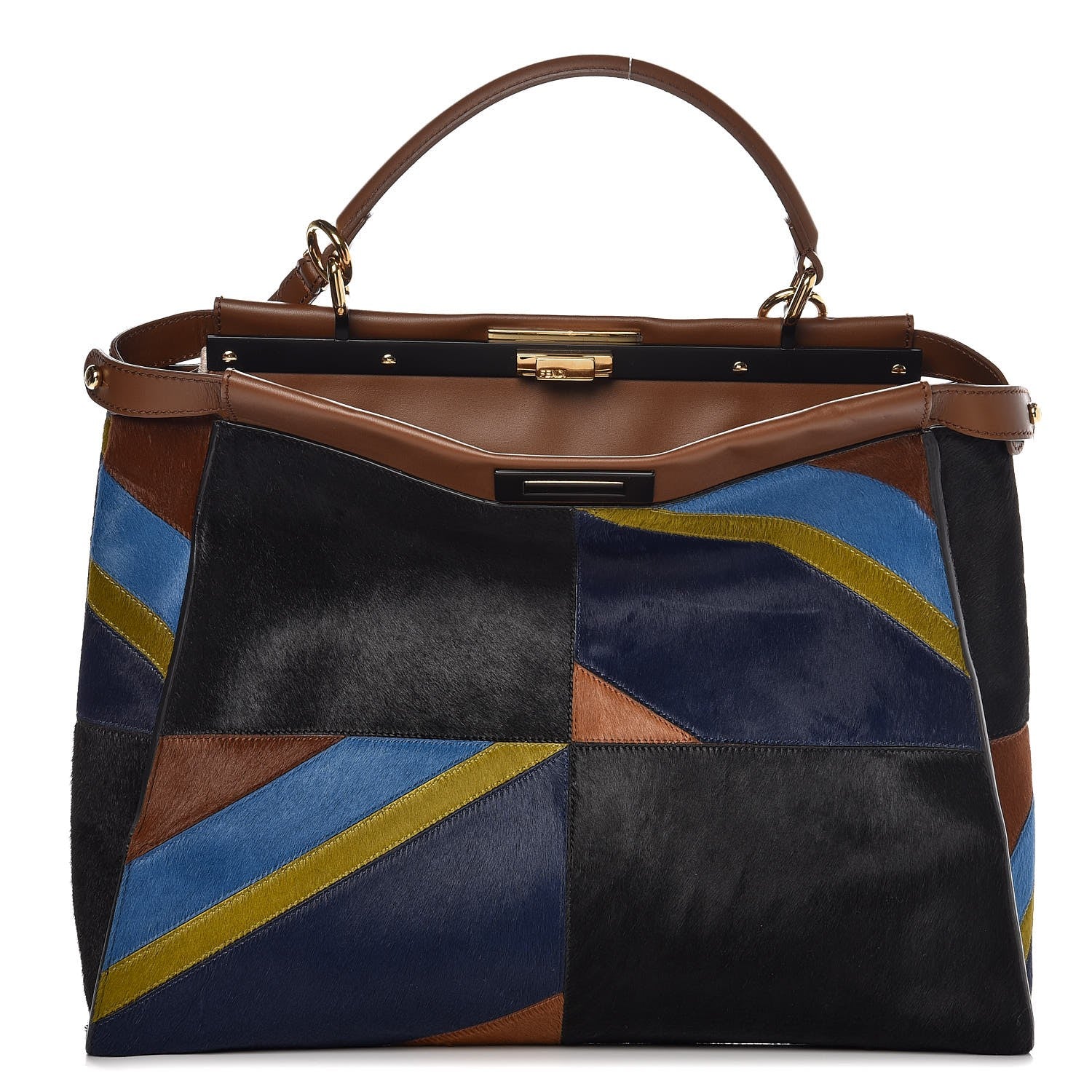 Fendi Calf Hair Patchwork Large Peekaboo Iconic Satchel Black Brown Multicolor 1 of 8