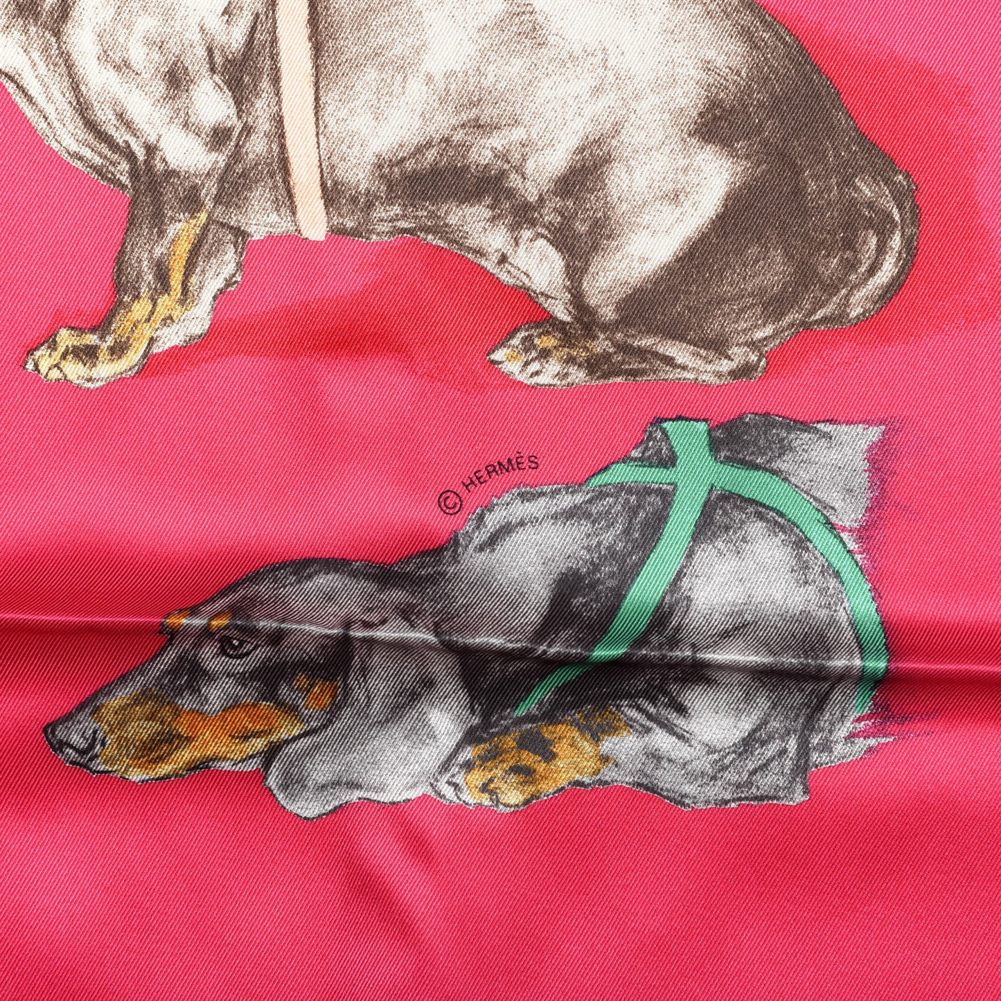 Silk Les Bassets Scarf 70 Fuchsia Etoupe Vert