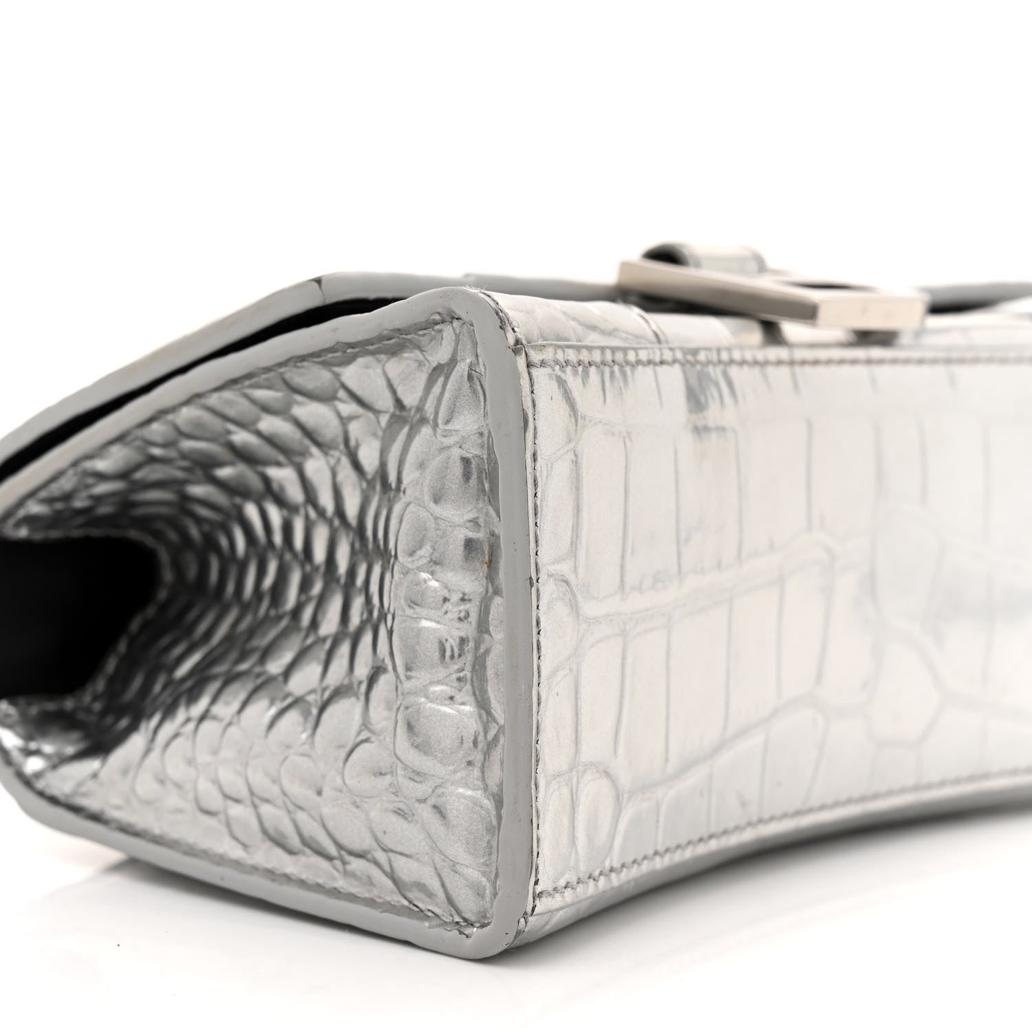 Balenciaga Metallic Calfskin Crocodile Embossed Hourglass Top Handle Bag XS Silver 8 of 15