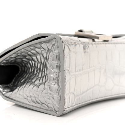Balenciaga Metallic Calfskin Crocodile Embossed Hourglass Top Handle Bag XS Silver 8 of 15