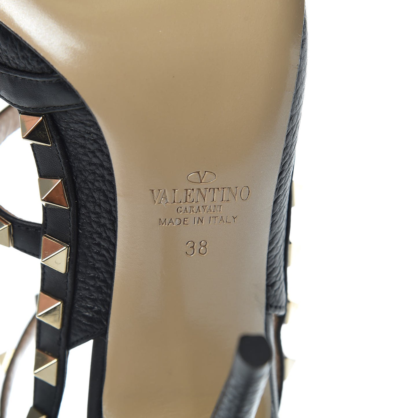 Pebbled Calfskin Rockstud Ankle Strap Pumps 38 Black