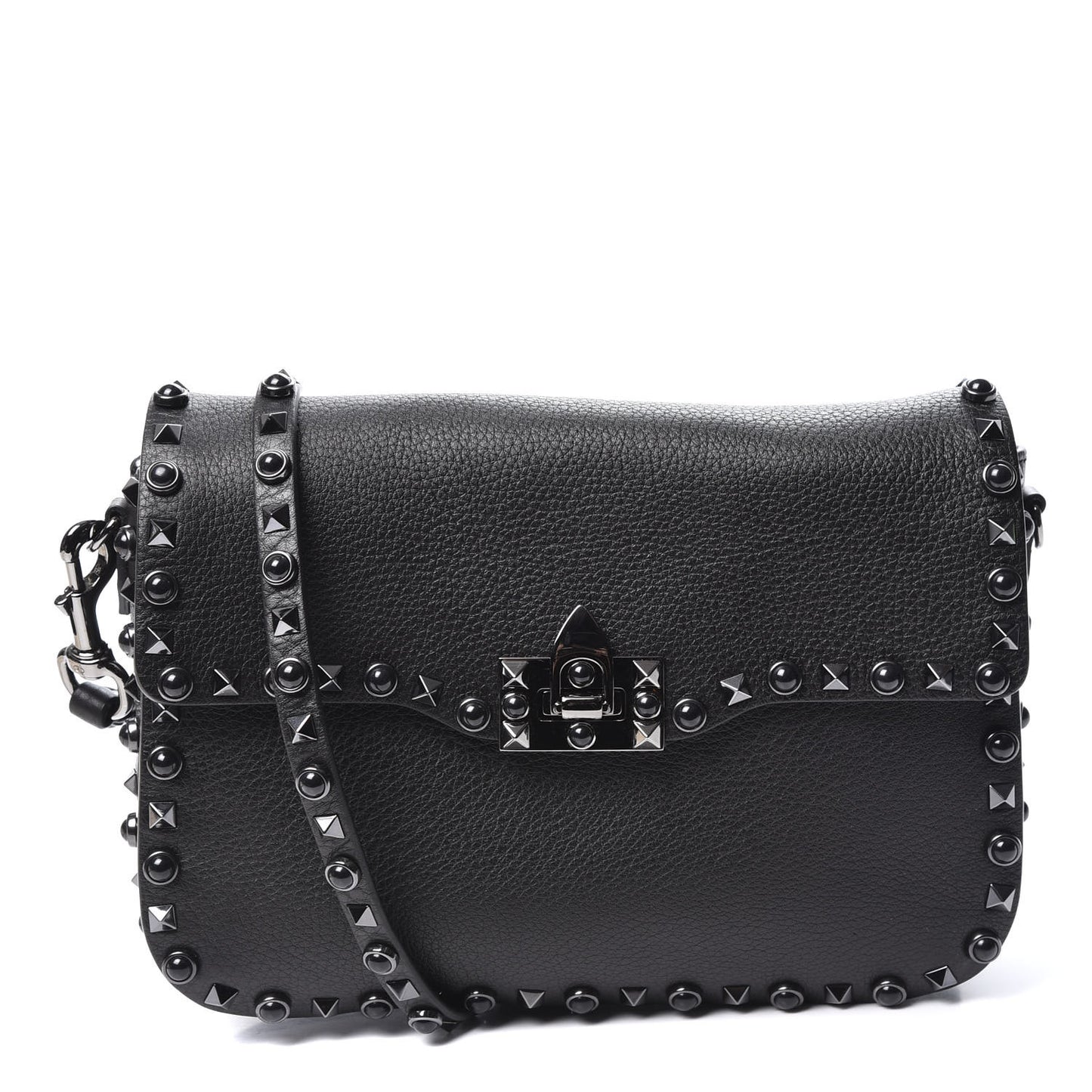 Pebbled Calfskin Onyx Medium Rockstud Rolling Flap Saddle Bag Black