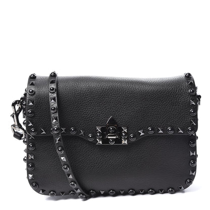 Valentino Garavani Pebbled Calfskin Onyx Medium Rockstud Rolling Flap Saddle Bag Black 1 of 8
