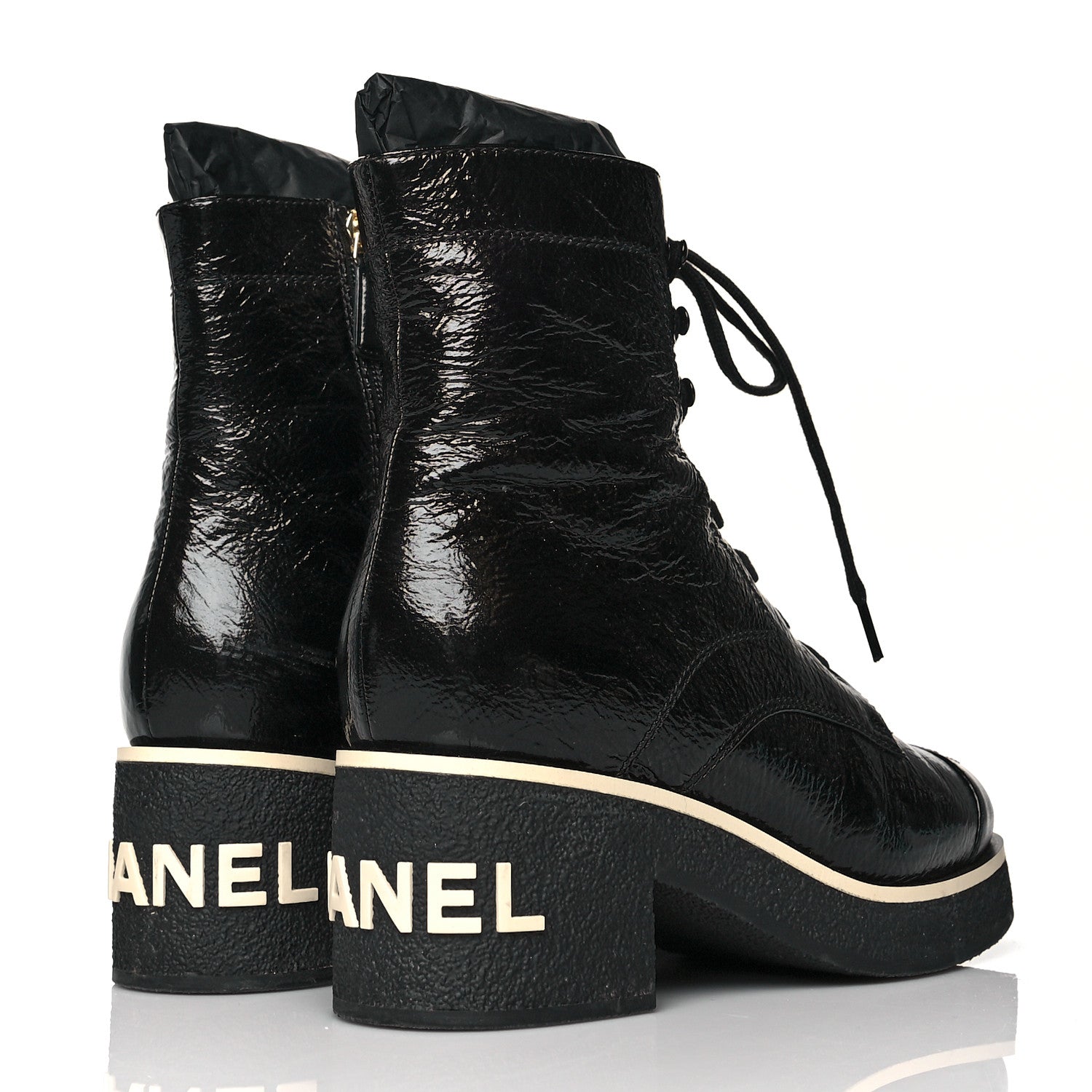 Chanel Shiny Crumpled Lambskin Lace Up Combat Boots 38 Black 4 of 10