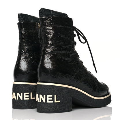 Chanel Shiny Crumpled Lambskin Lace Up Combat Boots 38 Black 4 of 10