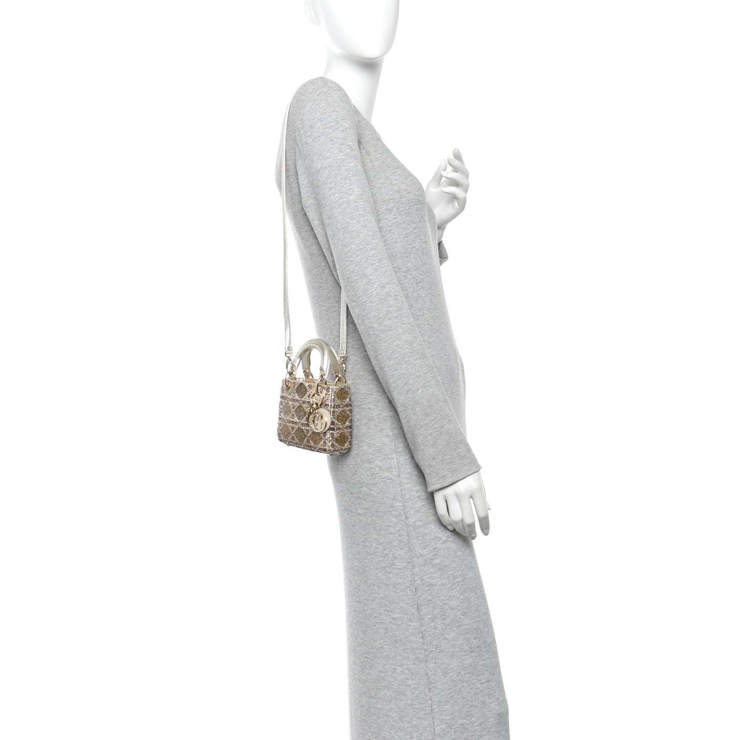 Metallic Lambskin Cannage Beaded Embroidered Micro Lady Dior Gold