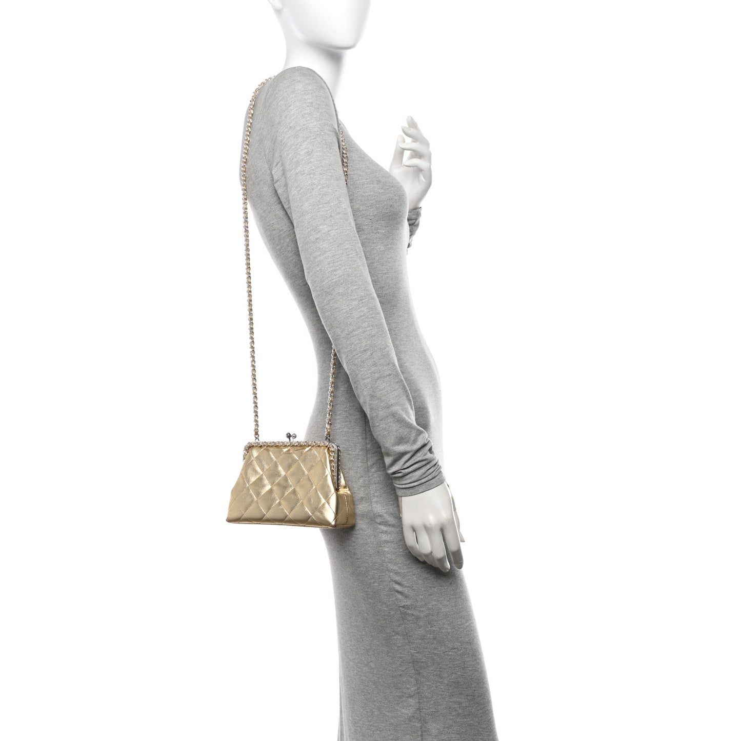 Metallic Lambskin Quilted Chain Around Kiss Lock Evening Clutch Gold