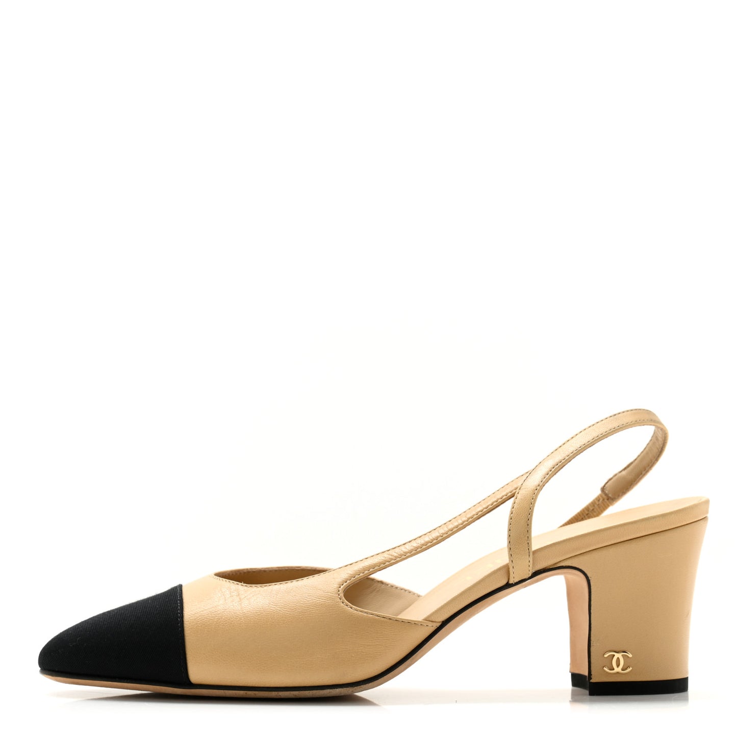 Goatskin Grosgrain Cap Toe CC Slingback Pumps 38 Beige Black
