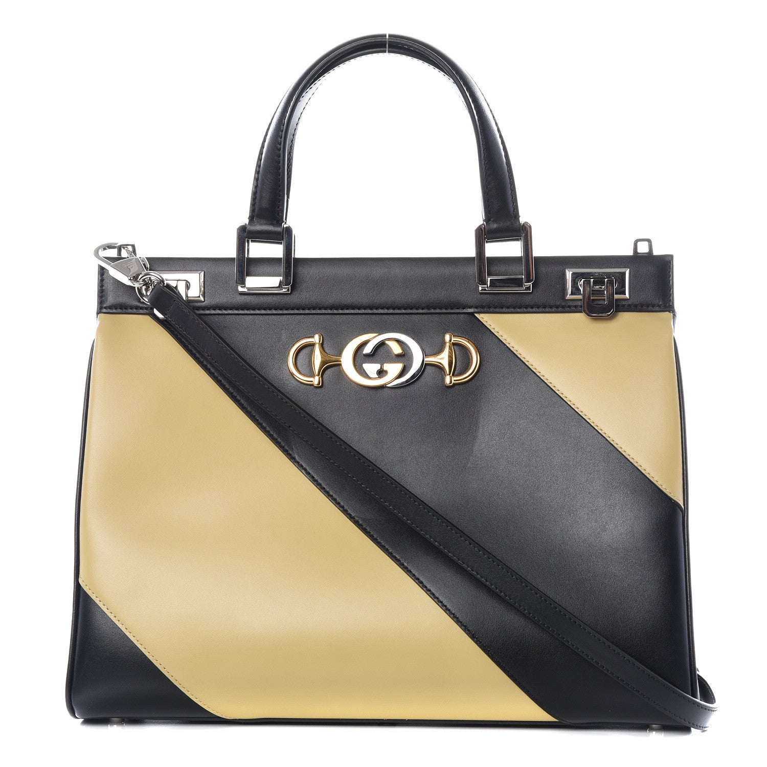 Gucci Smooth Calfskin Diagonal Striped Medium Zumi Top Handle Bag Black Beige 1 of 10