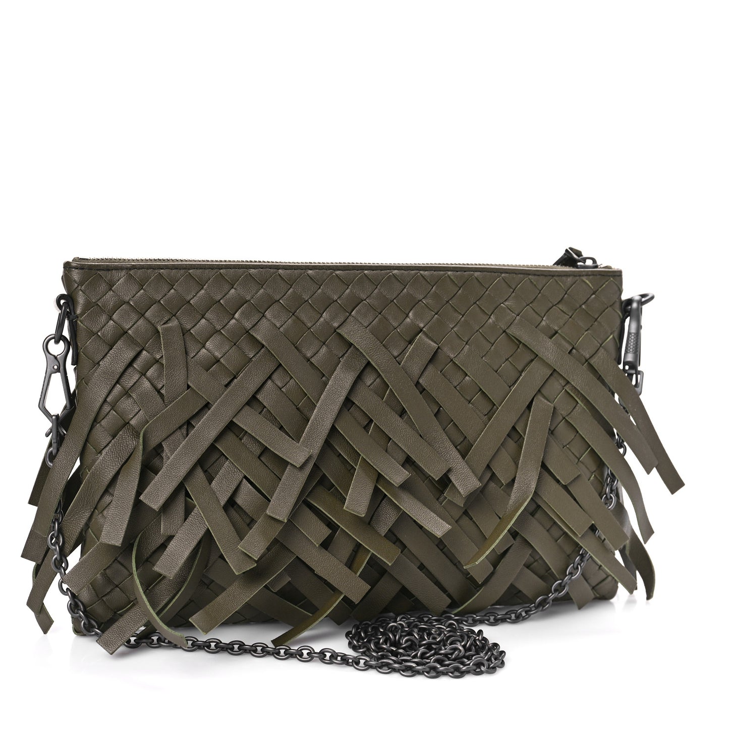 Nappa Intrecciato Palio Fringe Chain Pouch Moss