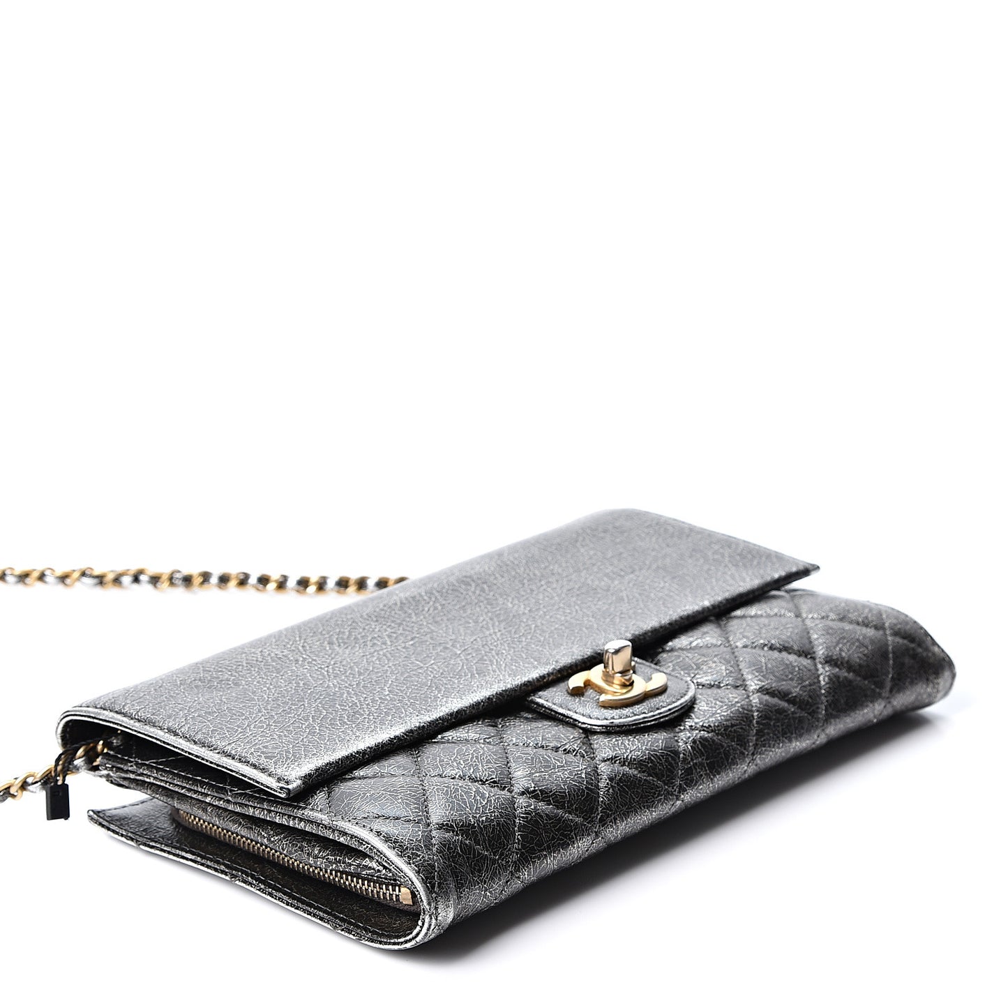 Cracked Metallic Calfskin Quilted Zip Away Chain Clutch Dark Silver