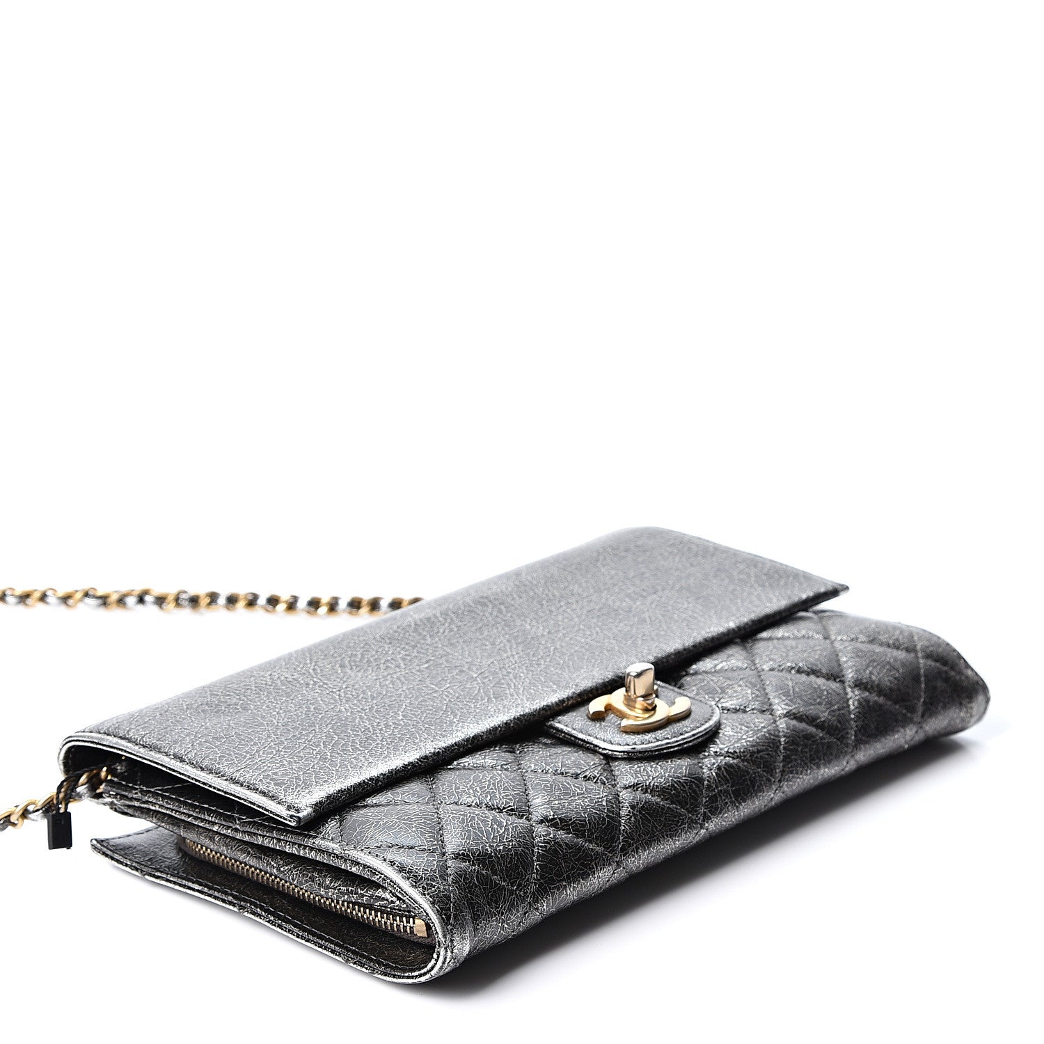 Chanel Cracked Metallic Calfskin Quilted Zip Away Chain Clutch Dark Silver 3 of 10