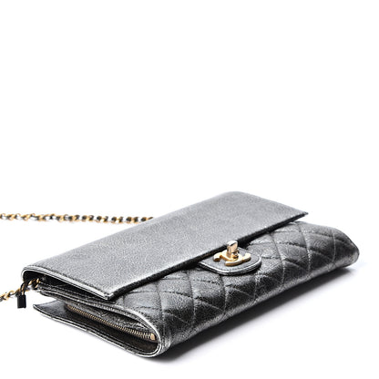 Chanel Cracked Metallic Calfskin Quilted Zip Away Chain Clutch Dark Silver 3 of 10