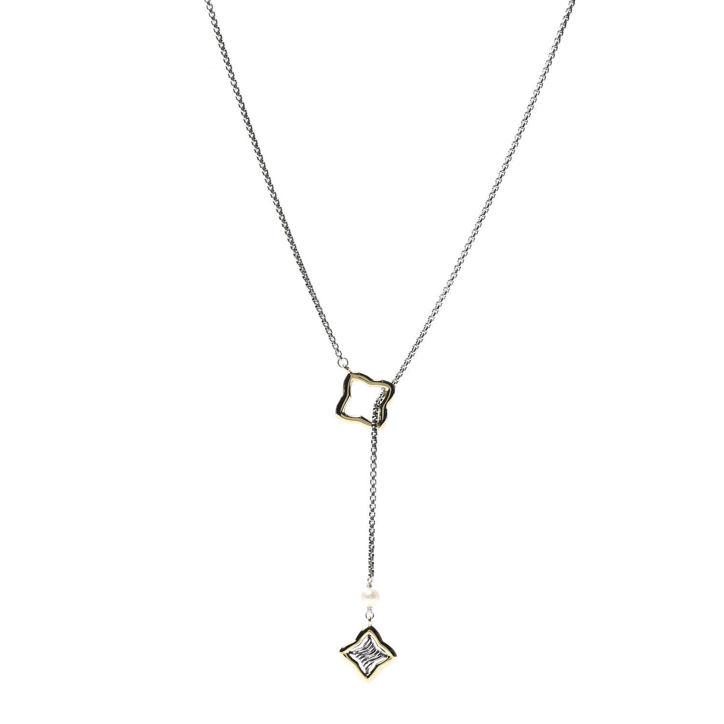 Sterling Silver 18K Yellow Gold Pearl Quatrefoil Lariat Necklace
