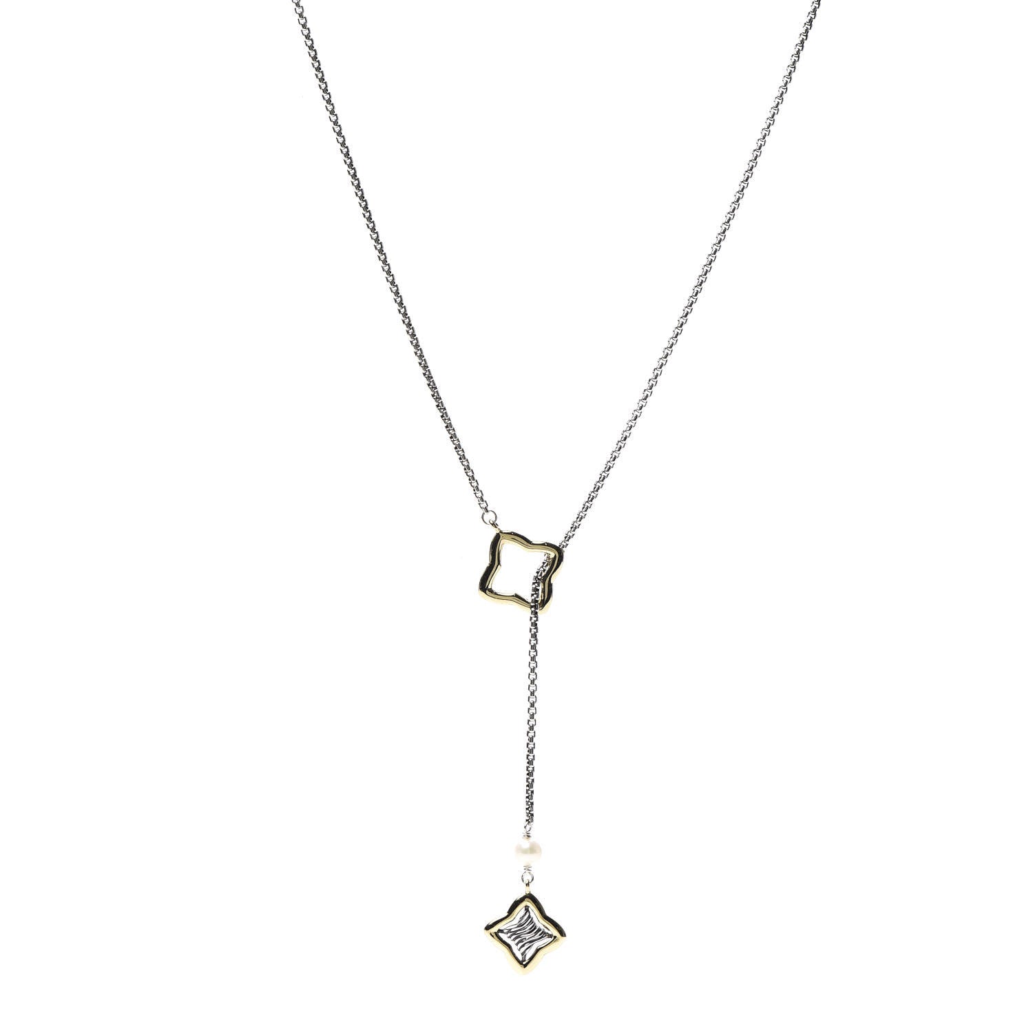 David Yurman Sterling Silver 18K Yellow Gold Pearl Quatrefoil Lariat Necklace 1 of 4