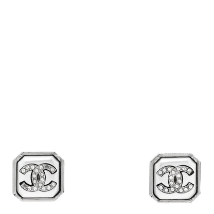 Chanel Pearl Crystal CC Square Earrings Silver 1 of 4