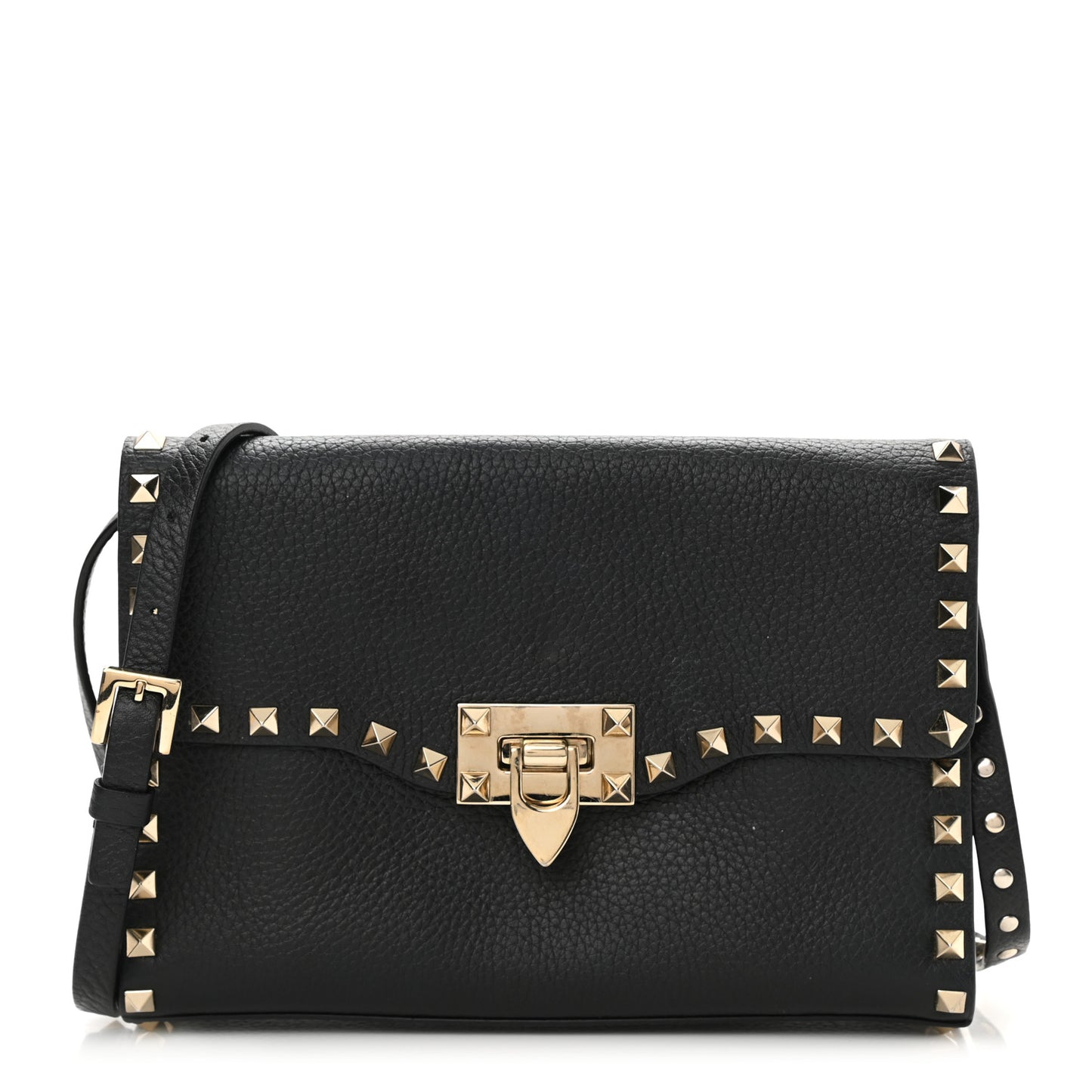 Pebbled Calfskin Medium Rockstud Flip Lock Crossbody Bag Black