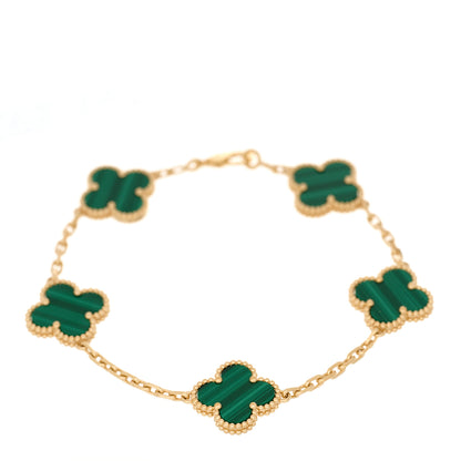 Van Cleef & Arpels 18K Yellow Gold Malachite 5 Motifs Vintage Alhambra Bracelet 1 of 4