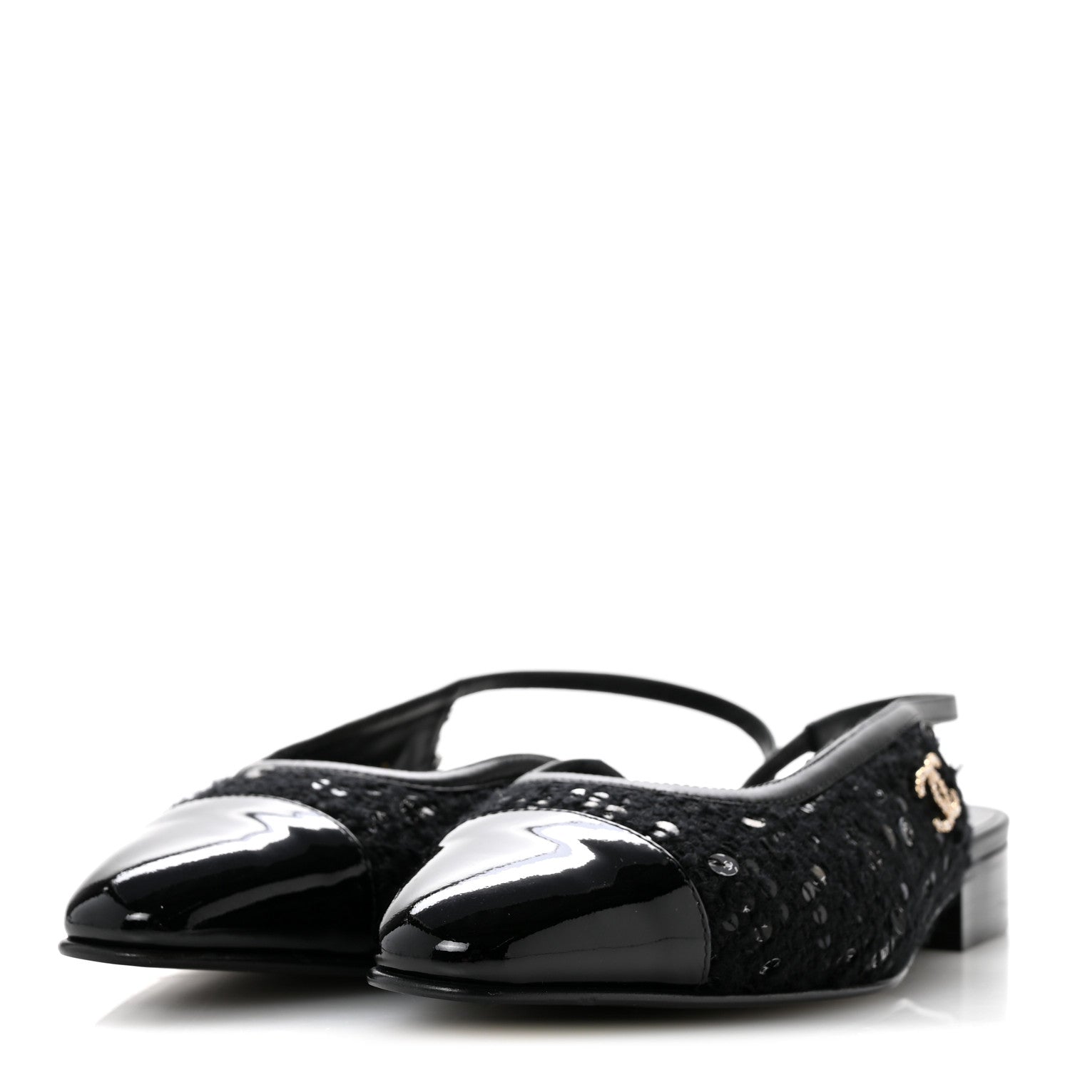 Chanel Tweed Patent Calfskin Cap Toe CC Slingback Flats 36 Black