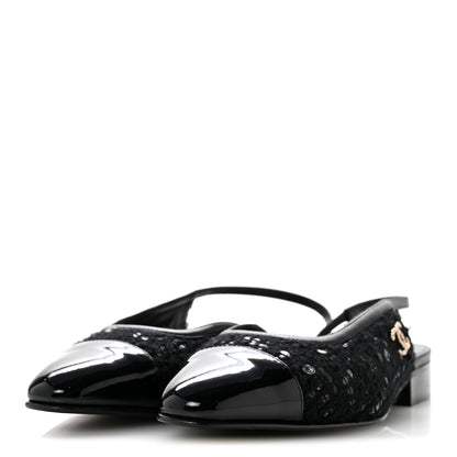Chanel Tweed Patent Calfskin Cap Toe CC Slingback Flats 36 Black 4 of 9