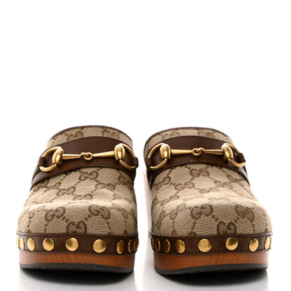 Gucci Monogram Goatskin Horsebit Clog Mules 36.5 Beige Ebony Brown Sugar 2 of 9