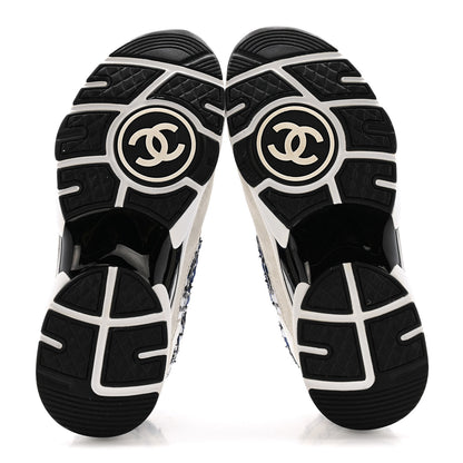 Chanel Tweed Suede Calfskin Womens CC Sneakers 38 Dark Blue Black Grey White 6 of 12