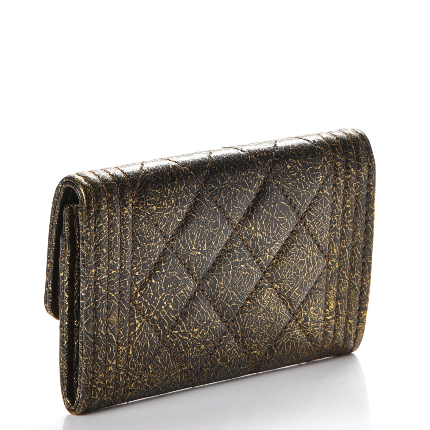 Cracked Metallic Calfskin Quilted Boy Card Holder Gold