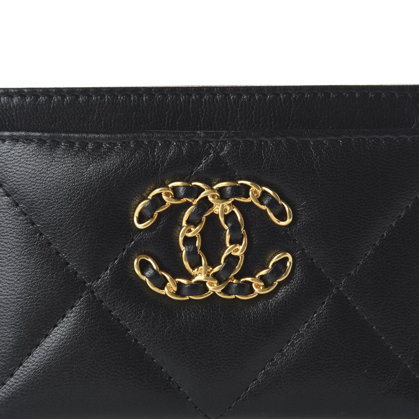 Shiny Goatskin Quilted Chanel 19 Card Holder Black