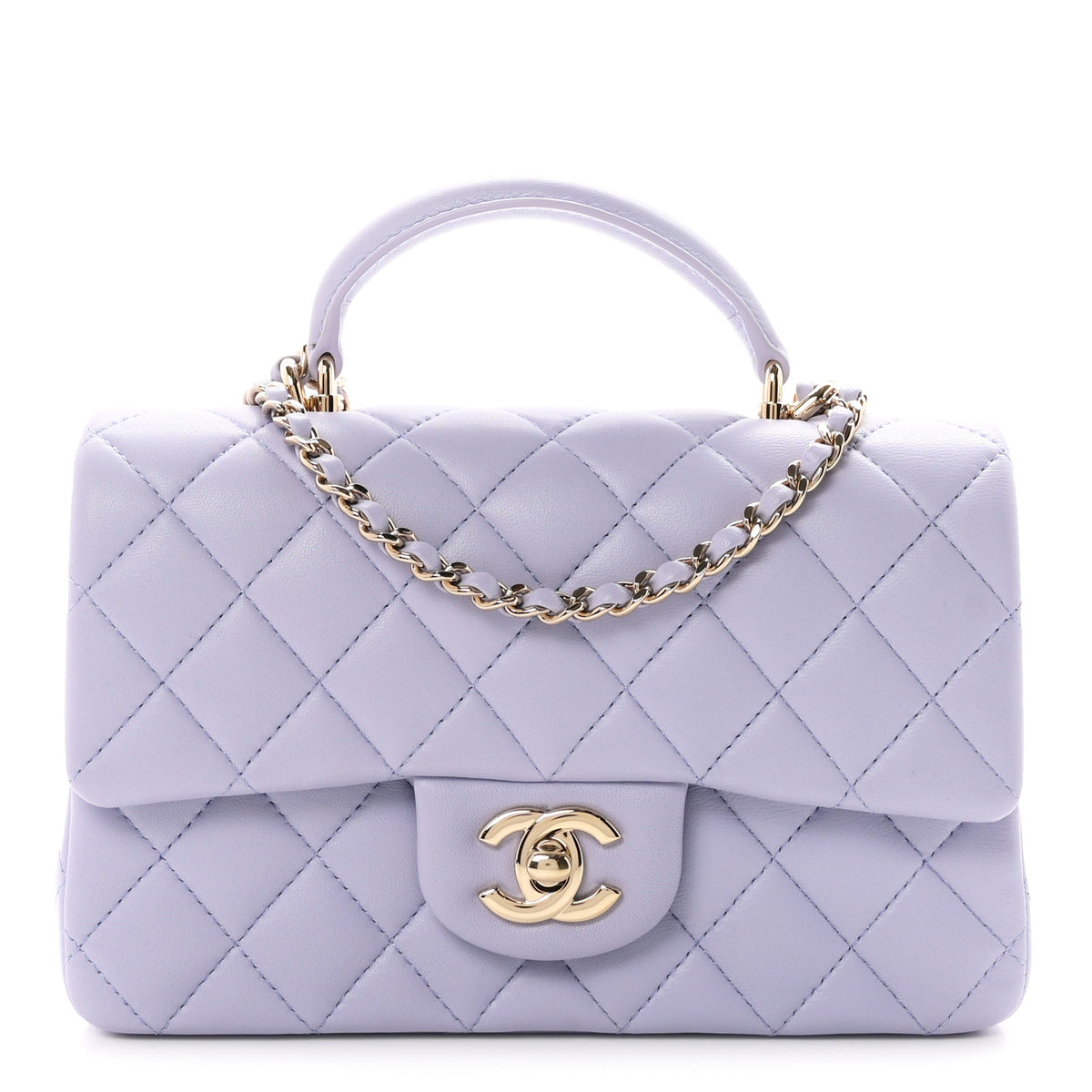 Lambskin Quilted Mini Top Handle Rectangular Flap Light Purple