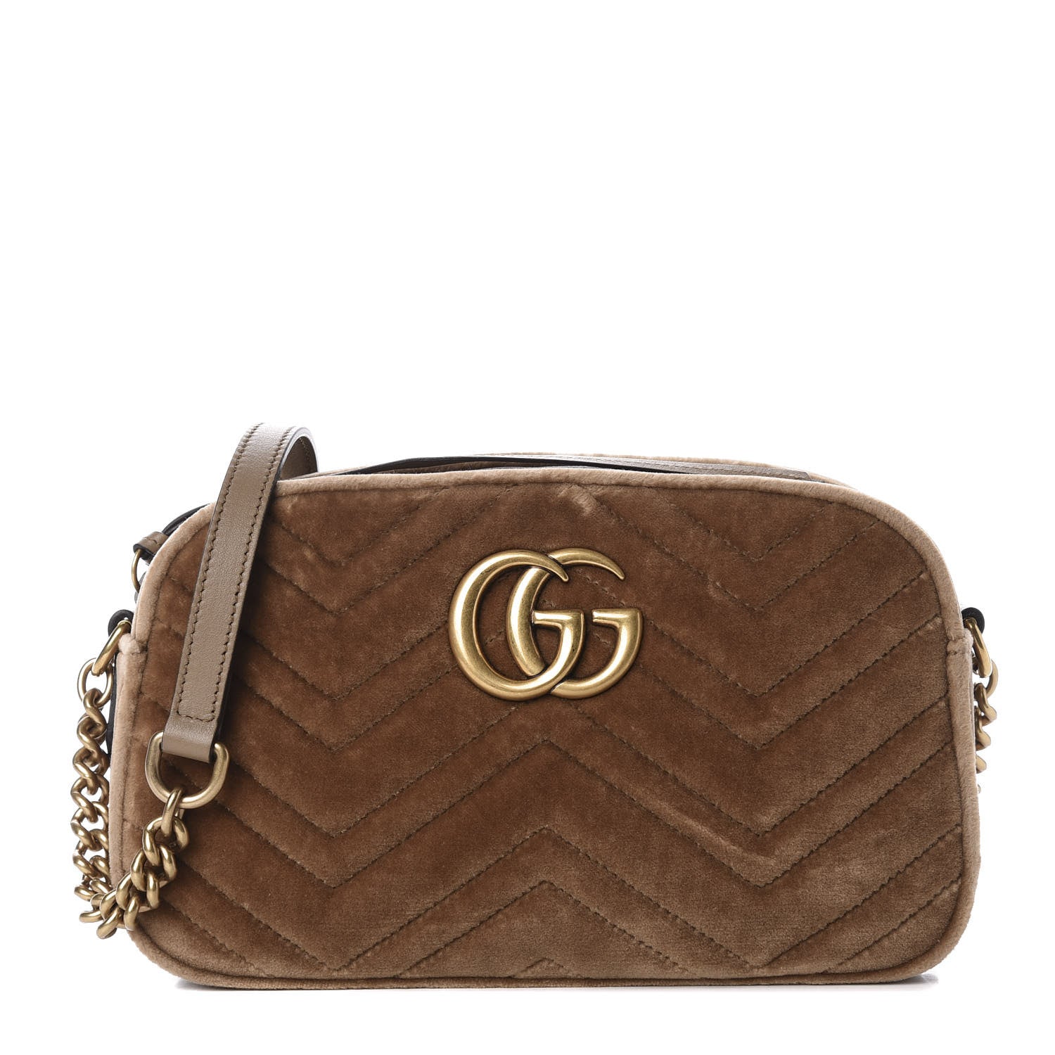 Gucci Velvet Matelasse Small GG Marmont Chain Shoulder Bag Taupe 1 of 10