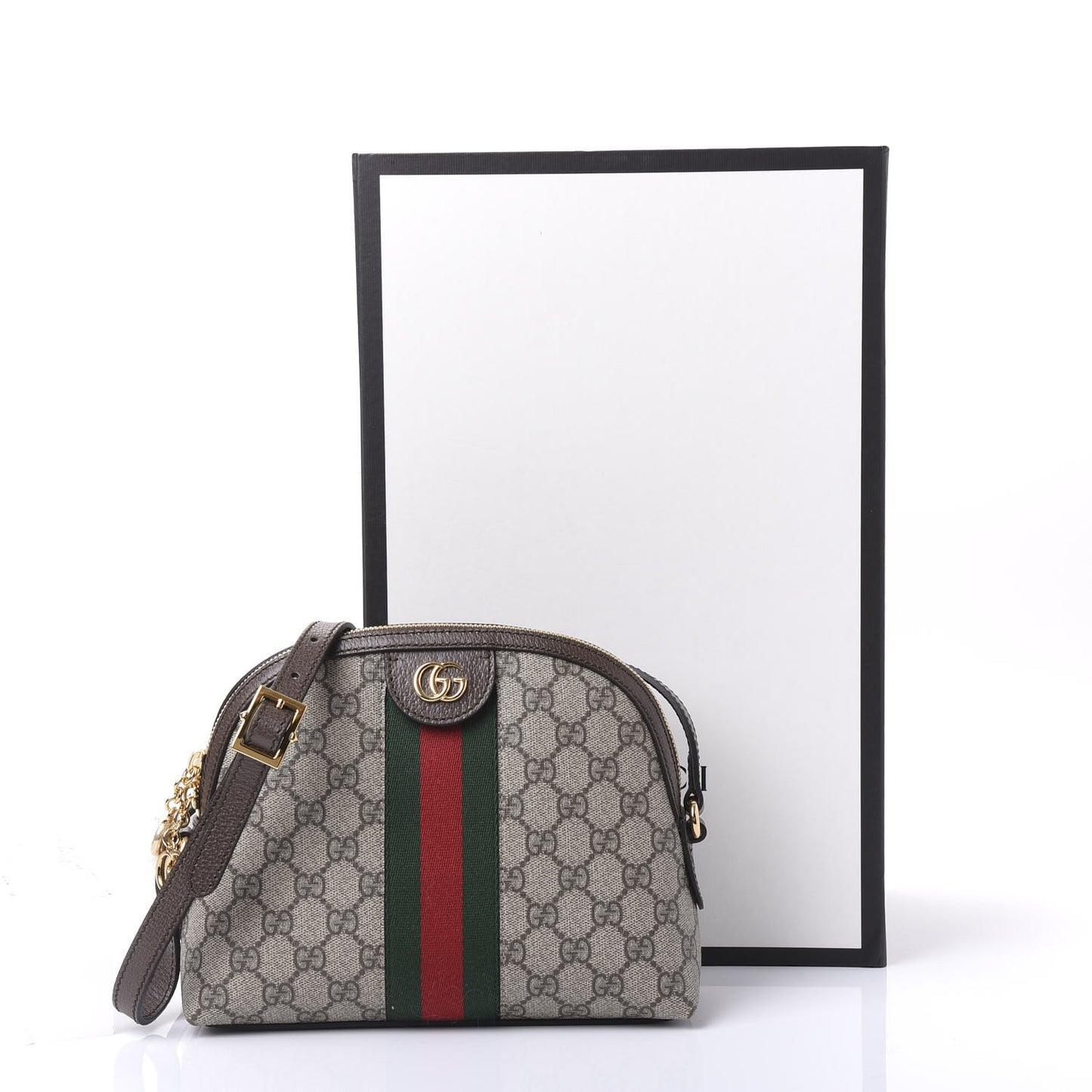 GG Supreme Monogram Textured Dollar Calfskin Web Small Ophidia Dome Shoulder Bag Beige Ebony New Acero