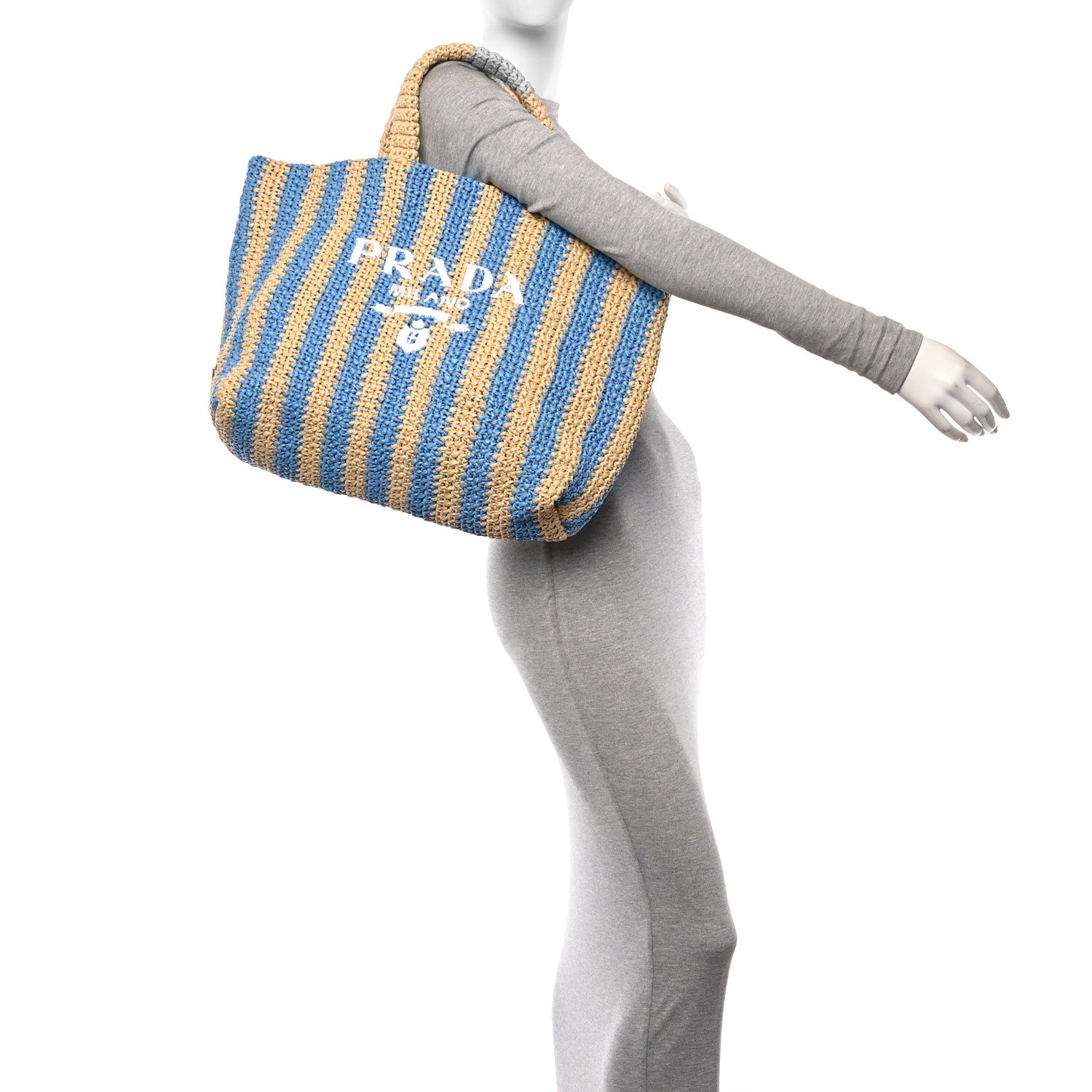 Prada Yarn Raffia Effect Crochet Striped Large Logo Tote Naturale Celeste 2 of 9
