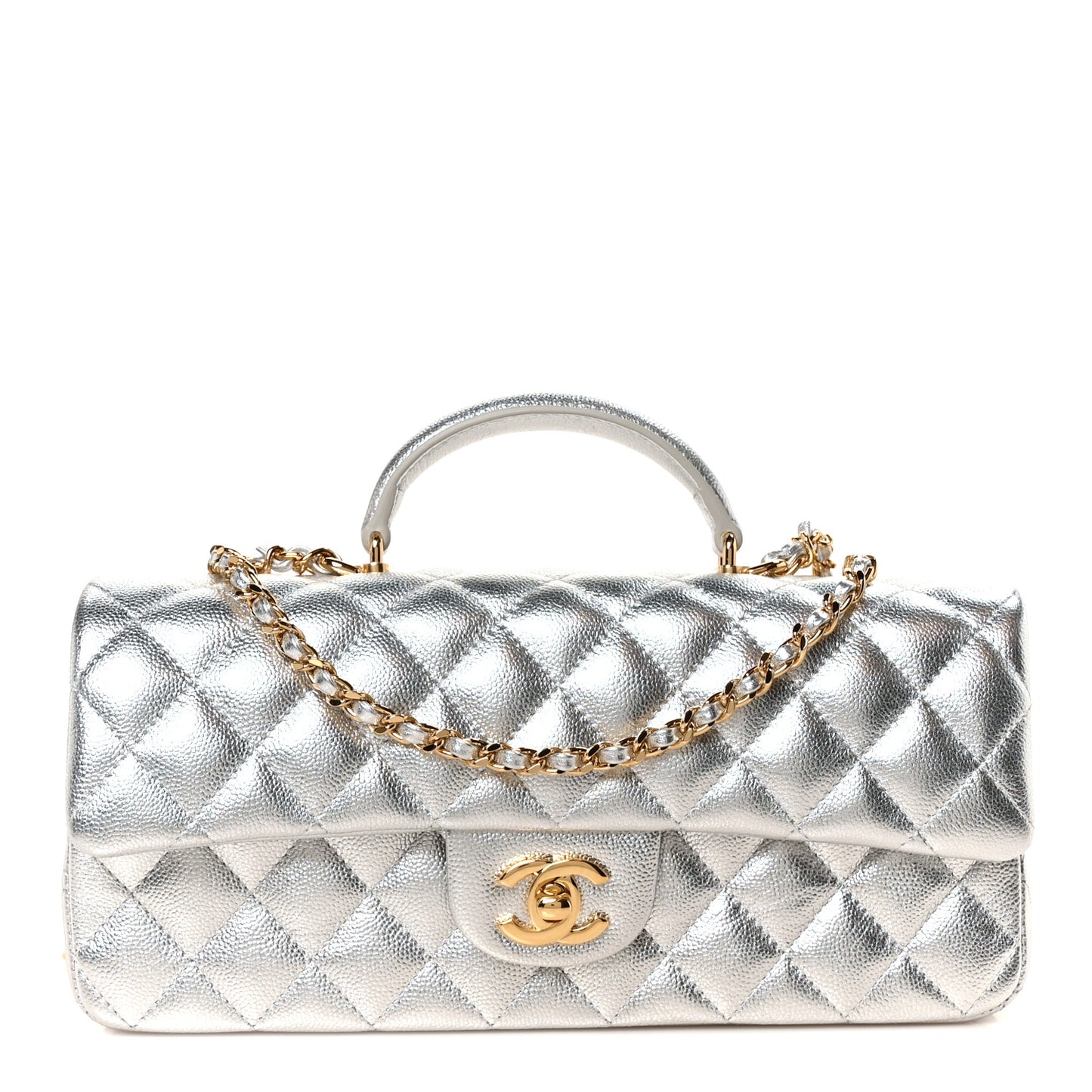 Metallic Caviar Quilted Top Handle East West Flap Silver