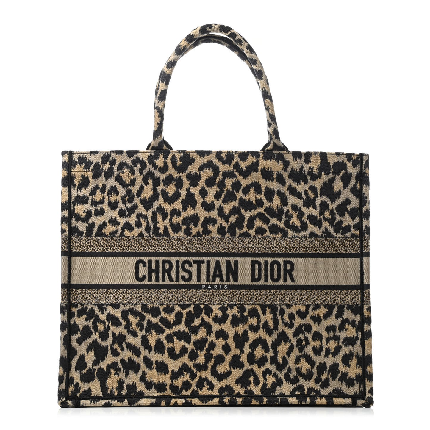 Canvas Mizza Embroidered Large Leopard Book Tote Beige