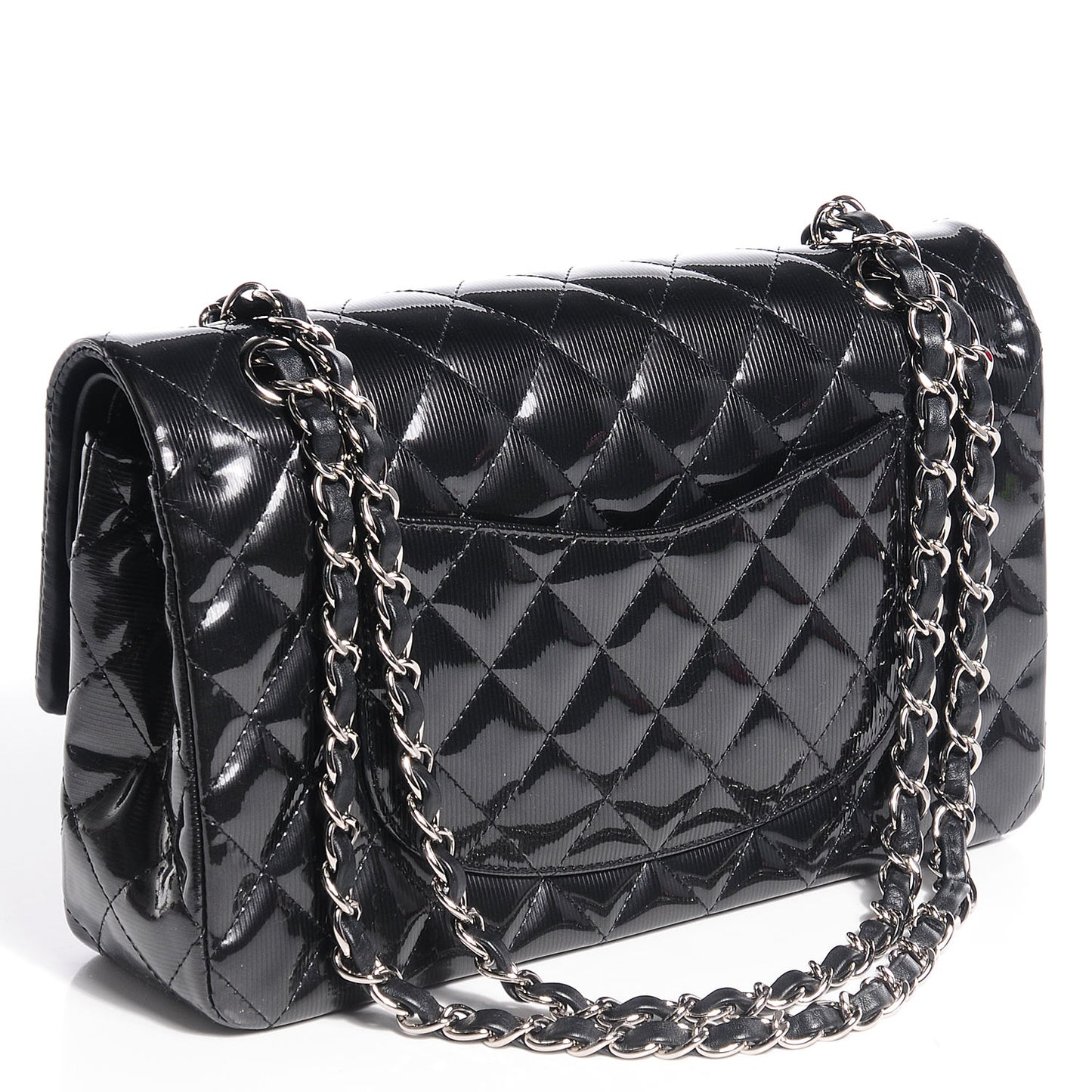 Striated Patent Quilted Medium Double Flap Black