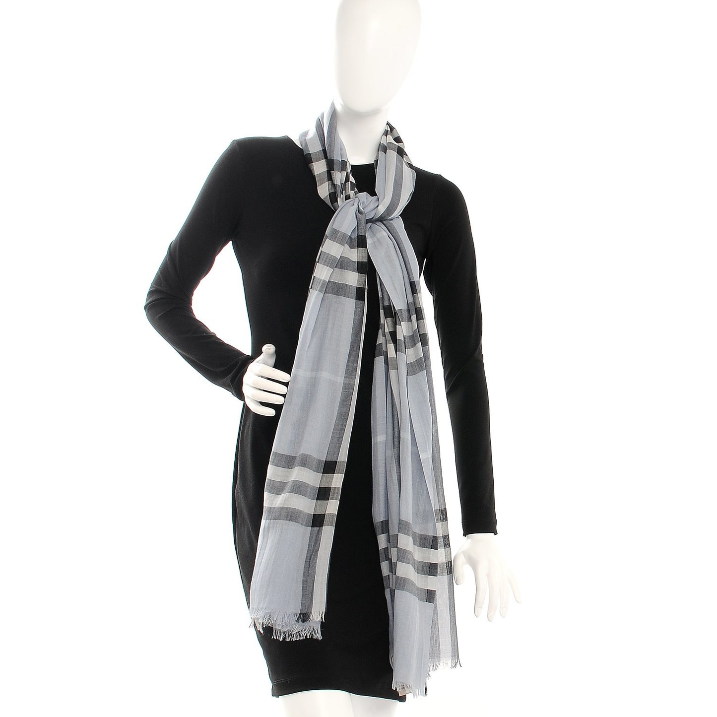 Wool Silk Giant Check Scarf Dusty Blue