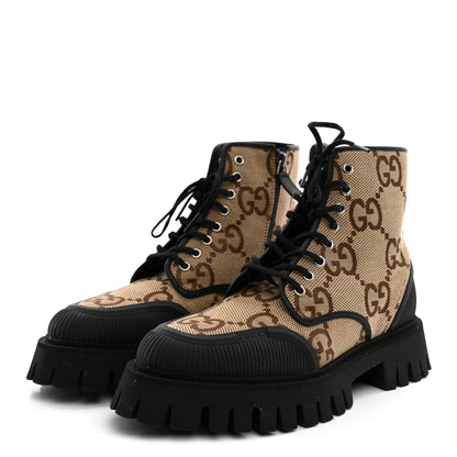 Gucci Monogram Jumbo GG Miro Soft Calfskin Mens Lace Up Combat Boots 8 Camel Ebony Black 4 of 11