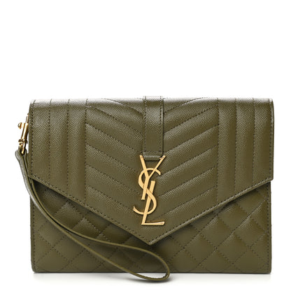 Saint Laurent Grain De Poudre Textured Mixed Matelasse Triquilt Monogram Clutch Vert Kaki 1 of 9