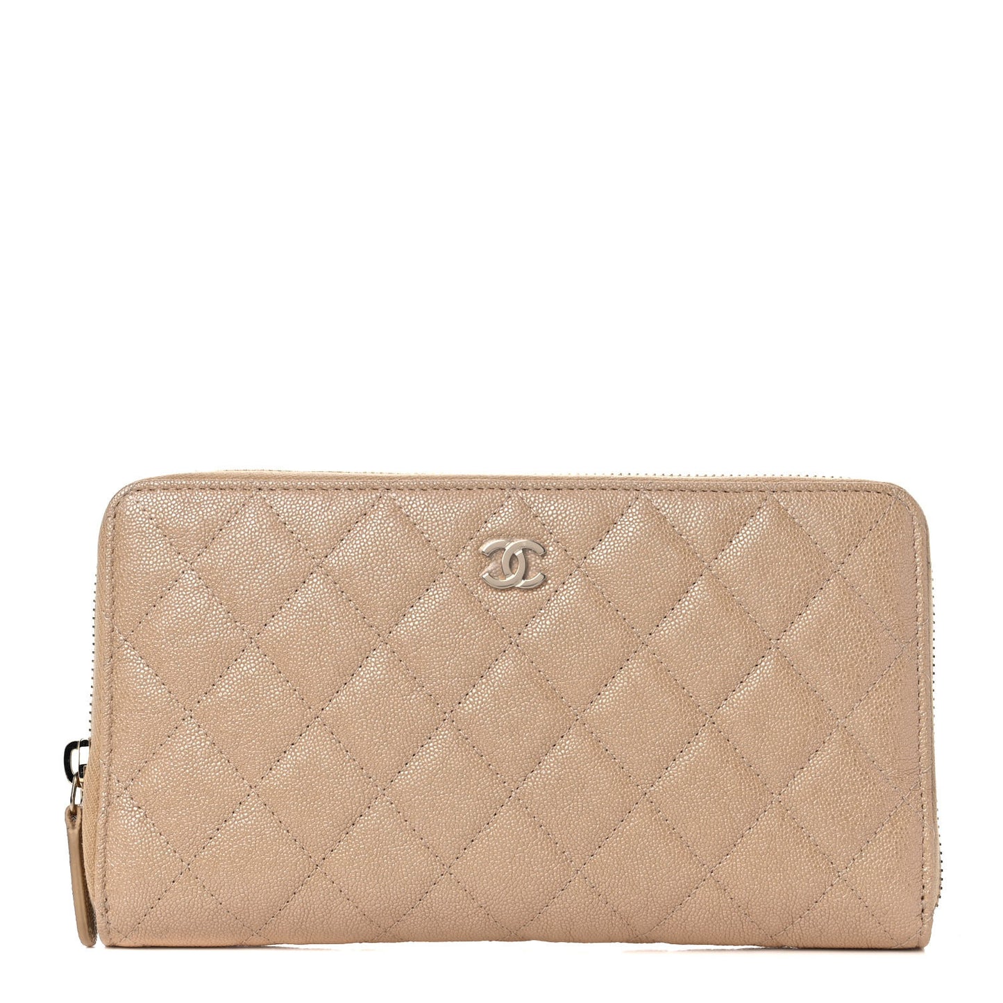 Iridescent Caviar Quilted Large Zip Around Organizer Wallet Beige