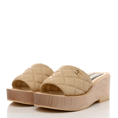 Chanel Lambskin Quilted CC Slip On Platform Sandals 38 Beige 3 of 9