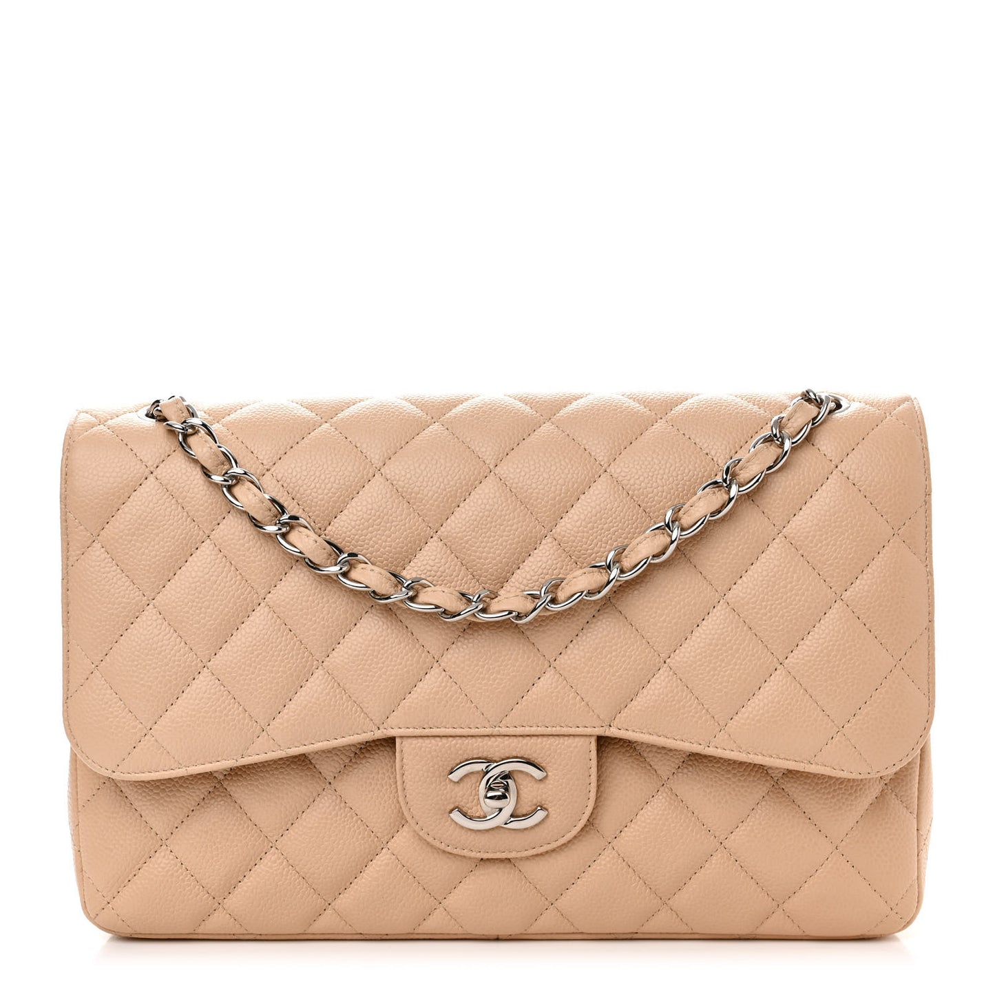 Caviar Quilted Jumbo Double Flap Light Beige