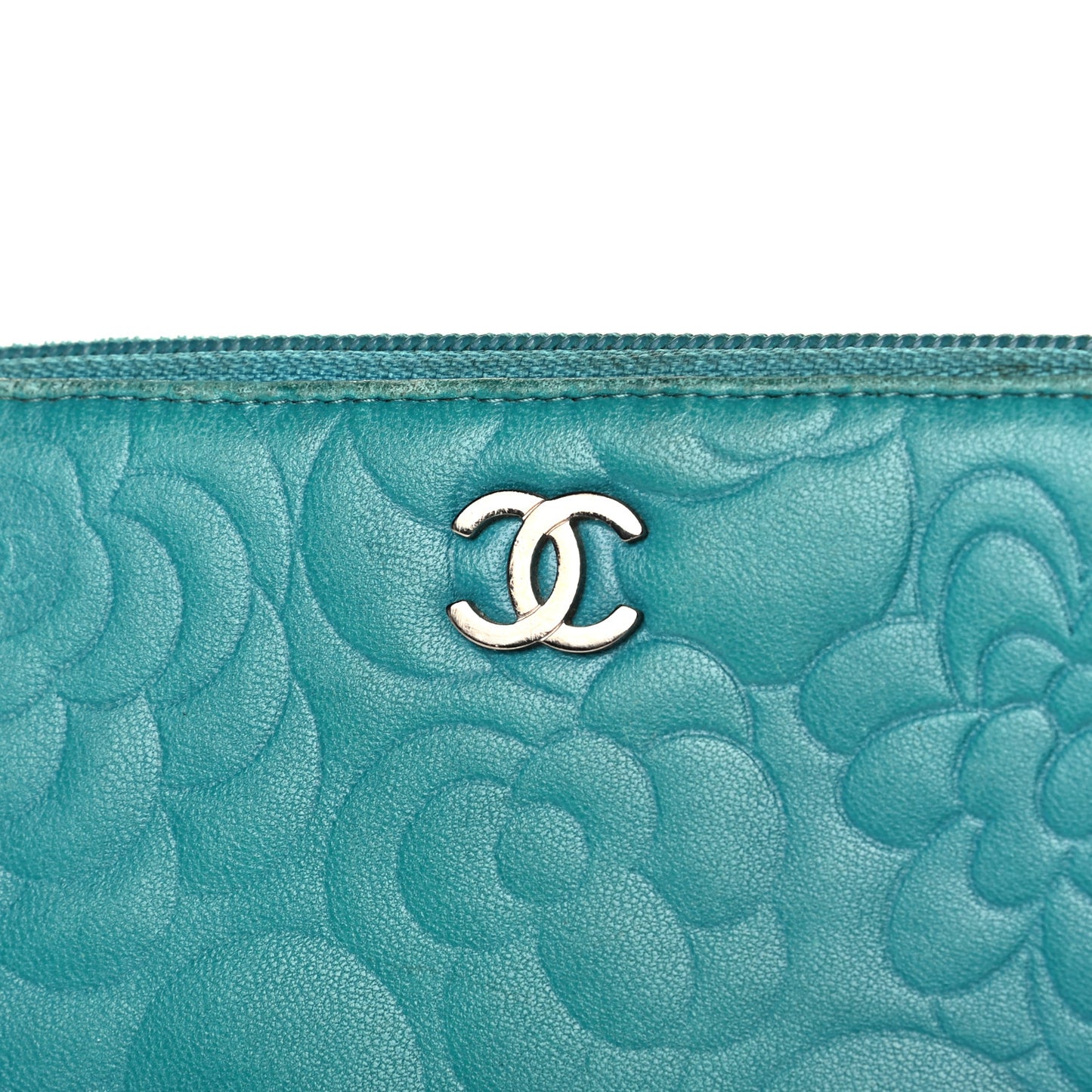 Lambskin Camellia Embossed Large Gusset Zip Around Wallet Blue